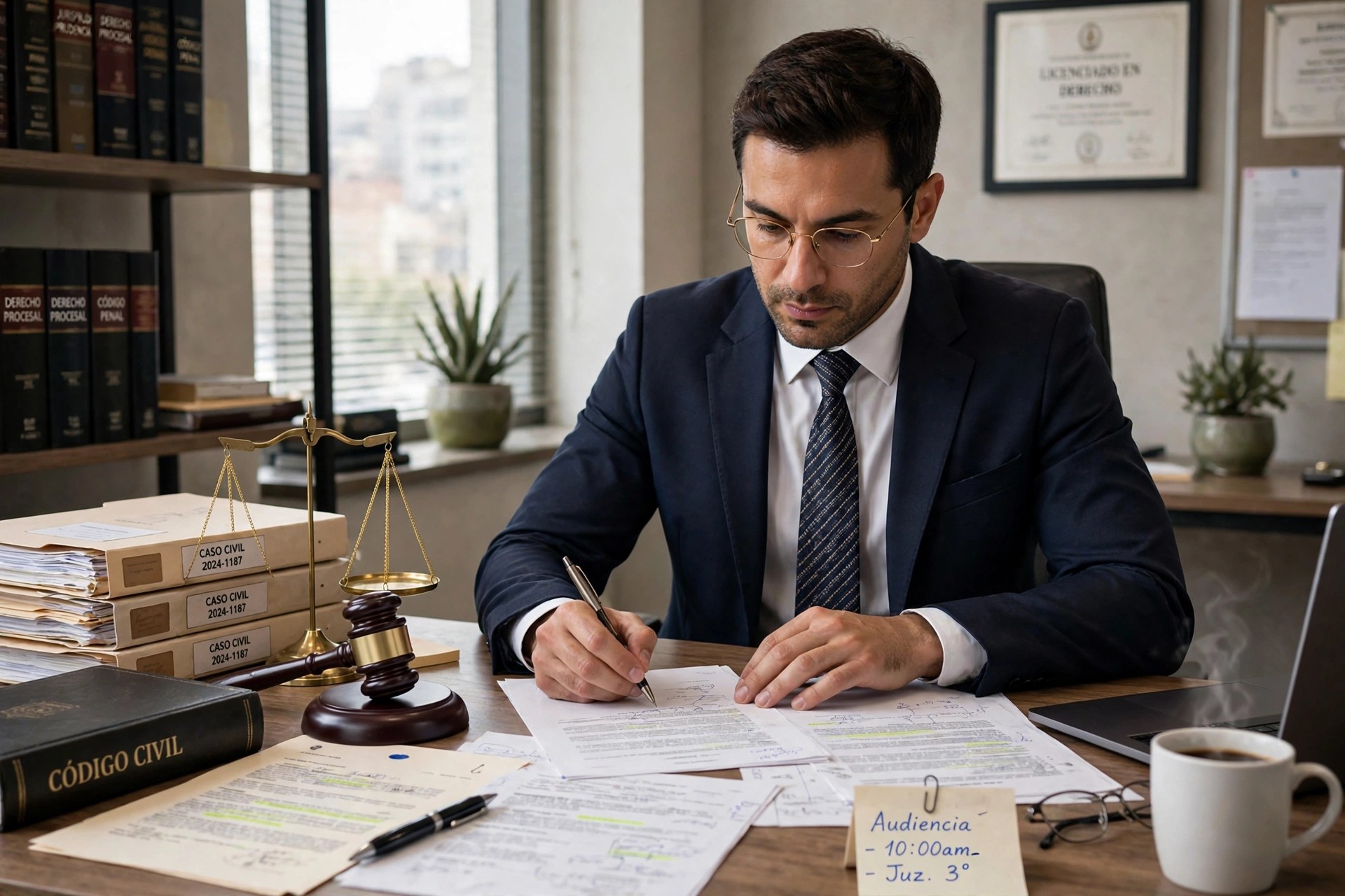Abogado en un escritorio revisando documentos