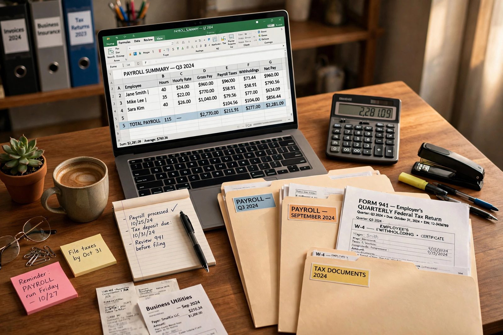 Escritorio de contabilidad con formularios de nómina