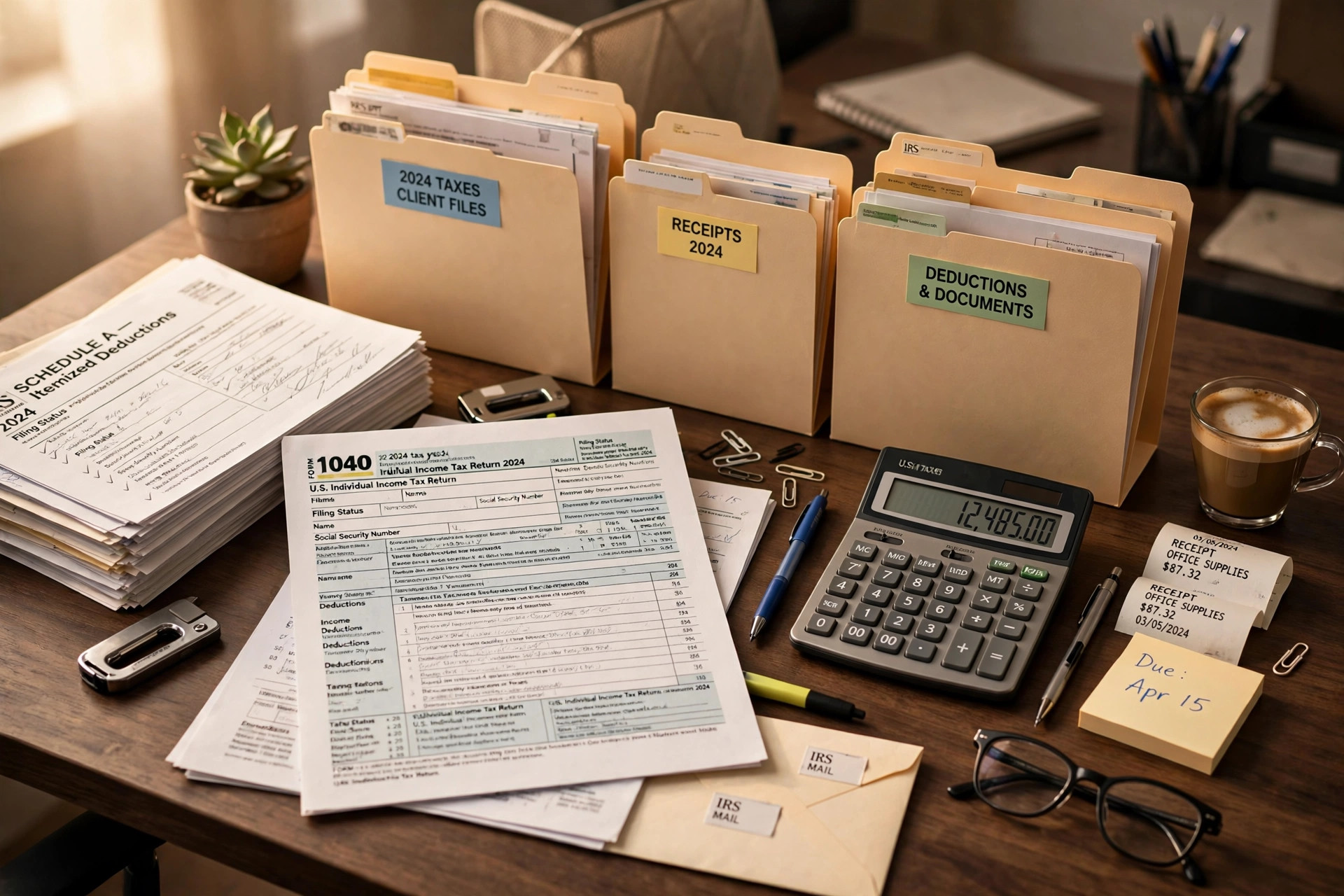 Escritorio de preparación de taxes con Formulario 1040 y calculadora